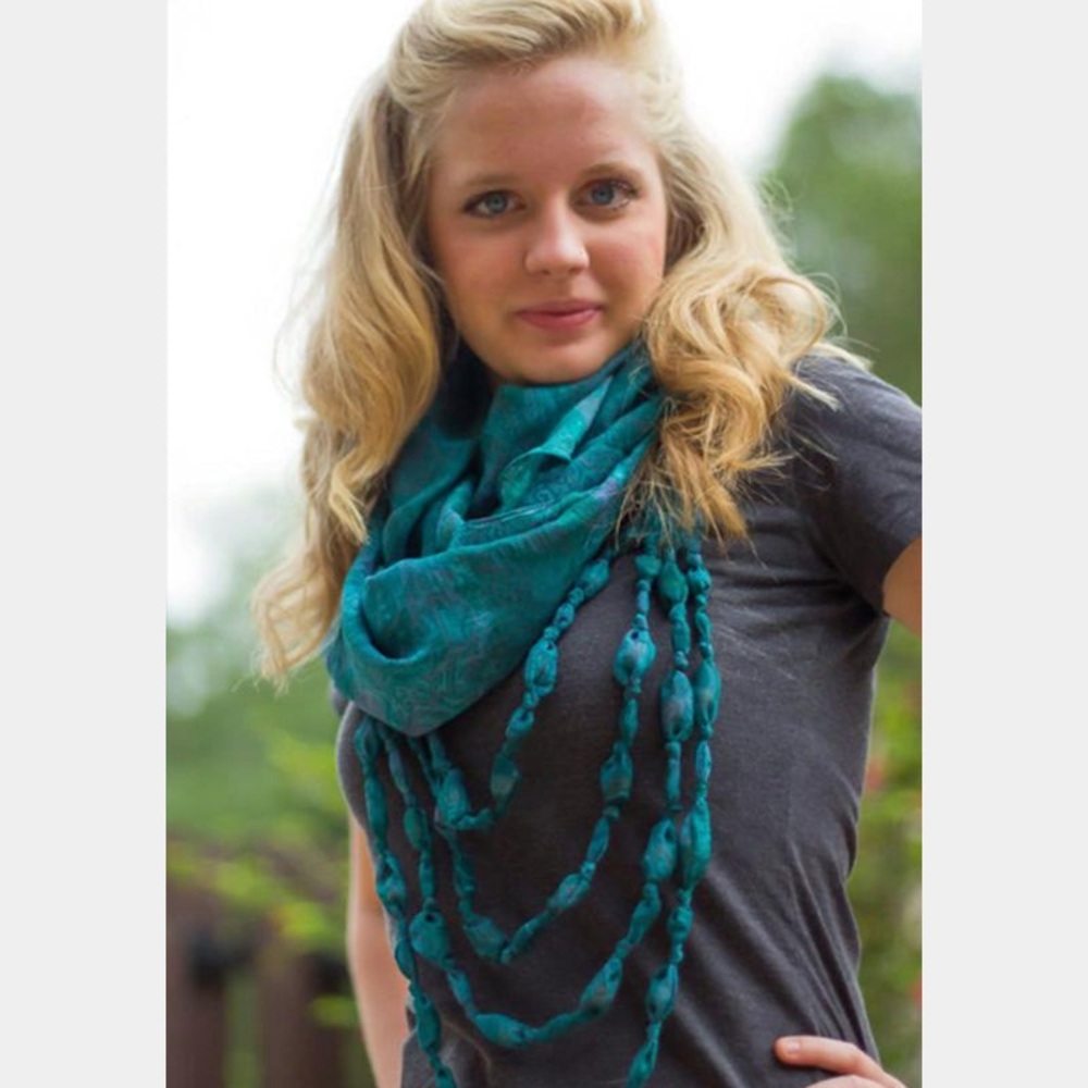 Elegant Teal Scarf with Beaded Accents